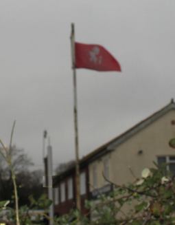 The flag of Kent caught in a breeze at the entrance to the Romney, Hythe and Dymchurch railway line in Hythe.